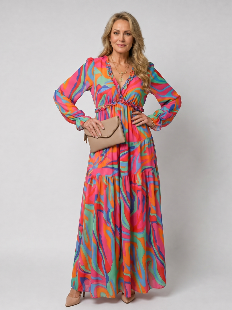 Robe longue imprimée à volants pour femmes