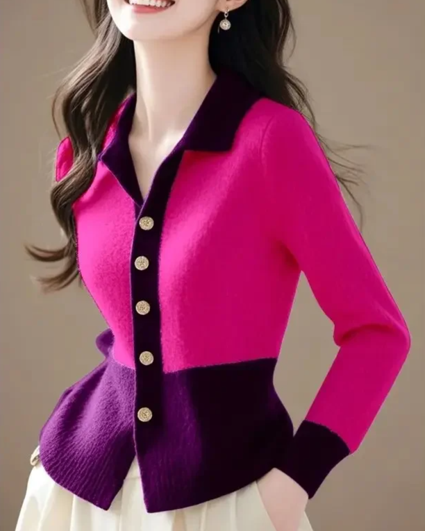 Cardigan à col polo bicolore pour femme avec fermeture boutonnée | Idéal pour l'automne
