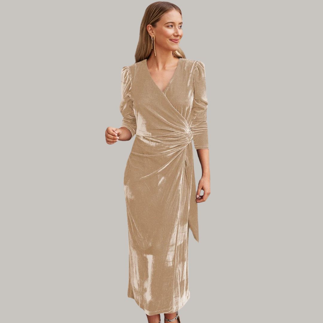 Robe Midi Portefeuille avec Manches Longues Bouffantes pour Femme | Idéale pour Soirées et Réceptions