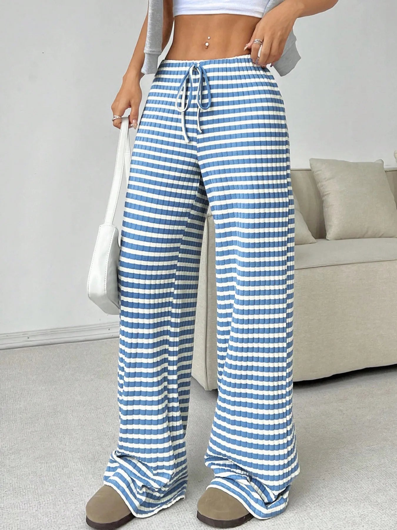 Pantalon Large à Rayures avec Taille Ajustable pour Femme | Idéal pour le Quotidien