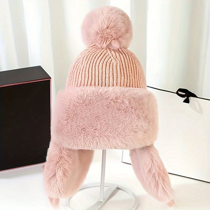 Bonnet Aviateur Tricoté avec Pompon Et Couvre-Oreilles pour Femmes | Idéal pour L’Hiver