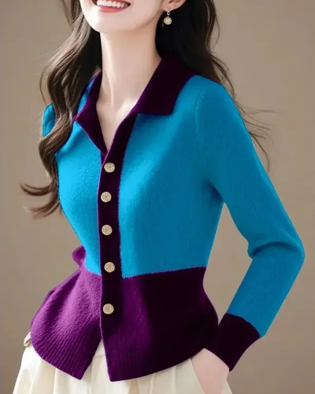 Cardigan à col polo bicolore pour femme avec fermeture boutonnée | Idéal pour l'automne