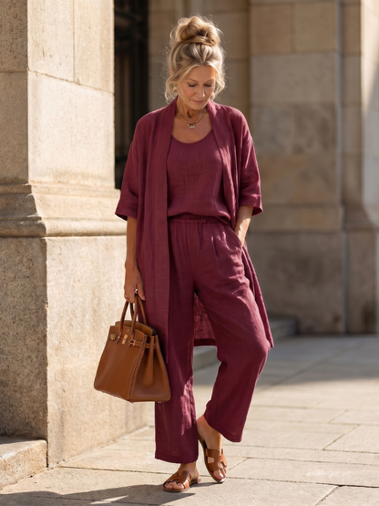 Ensemble trois pièces avec gilet ouvert pour femmes