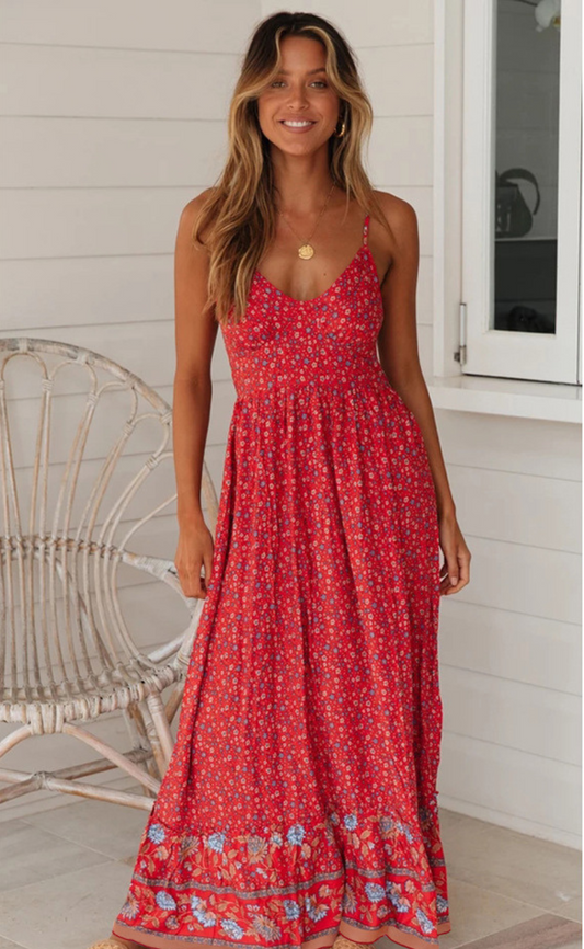 Robe Longue Bohème à Bretelles avec Dos Smocké pour Femme | Idéale pour les Sorties d’Été