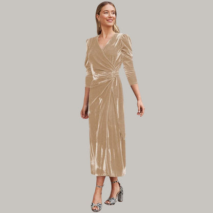 Robe Midi Portefeuille avec Manches Longues Bouffantes pour Femme | Idéale pour Soirées et Réceptions