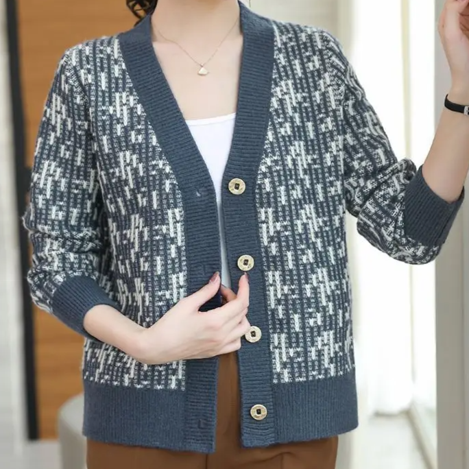 Cardigan col V motif bicolore pour femmes