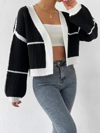 Cardigan court à bandes contrastées et manches longues pour femme | Idéal pour l’automne et les occasions décontractées