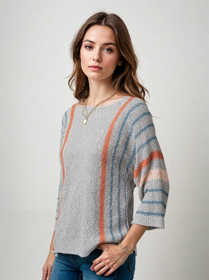 Pull Ample À Rayures Colorées Avec Manches Trois-Quarts Pour Femme | Idéal Pour La Superposition