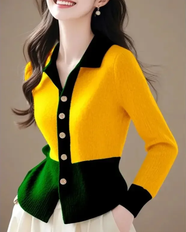 Cardigan à col polo bicolore pour femme avec fermeture boutonnée | Idéal pour l'automne