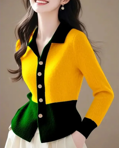 Cardigan à col polo bicolore pour femme avec fermeture boutonnée | Idéal pour l'automne