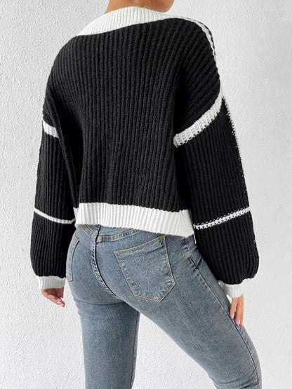 Cardigan court à bandes contrastées et manches longues pour femme | Idéal pour l’automne et les occasions décontractées