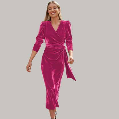 Robe Midi Portefeuille avec Manches Longues Bouffantes pour Femme | Idéale pour Soirées et Réceptions