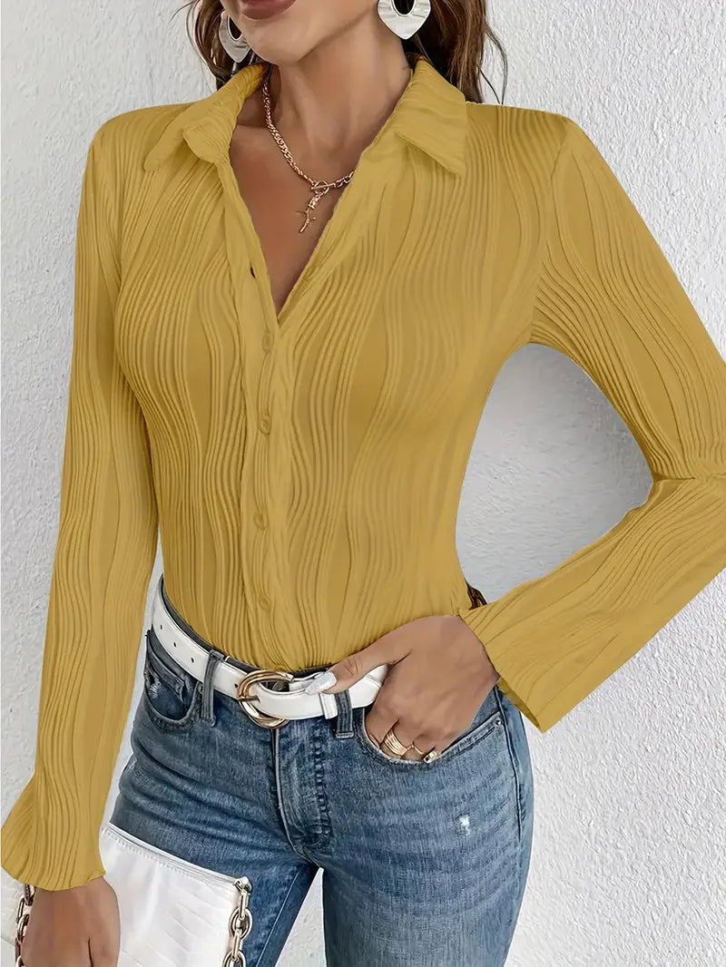 Blouse Côtelée À Manches Longues Avec Boutons Pour Femmes | Idéal Pour Usage Quotidien