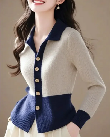 Cardigan à col polo bicolore pour femme avec fermeture boutonnée | Idéal pour l'automne