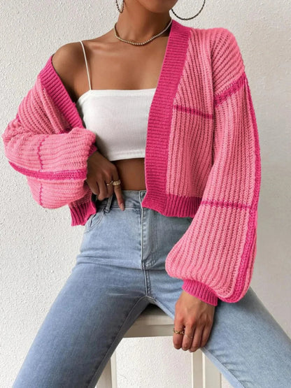 Cardigan court à bandes contrastées et manches longues pour femme | Idéal pour l’automne et les occasions décontractées