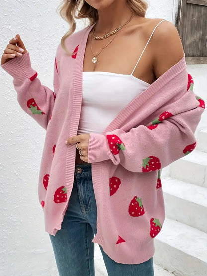 Cardigan motif fraises manches longues pour femmes