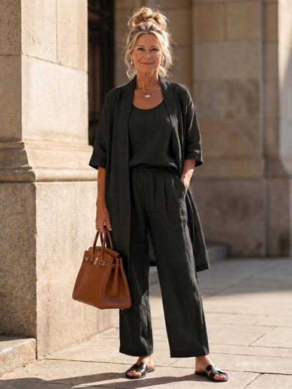 Ensemble trois pièces avec gilet ouvert pour femmes