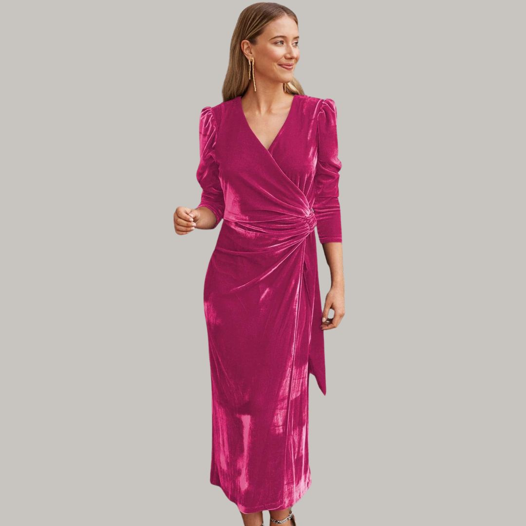 Robe Midi Portefeuille avec Manches Longues Bouffantes pour Femme | Idéale pour Soirées et Réceptions