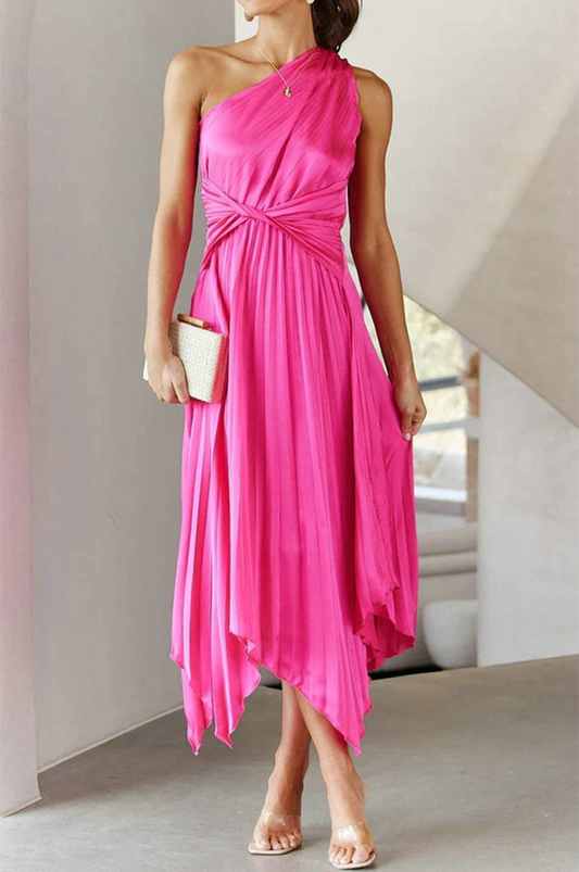 Robe Midi À Une Épaule Plissée Pour Femme | Idéale Pour Événements Formels