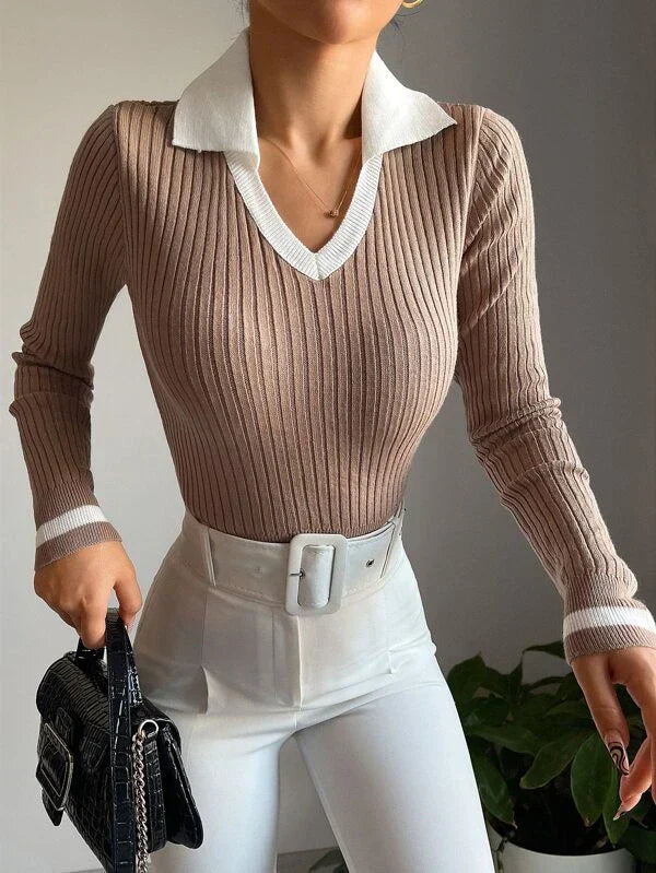 Pull Côtelé Avec Col Contrastant Pour Femmes | Idéal Pour Usage Quotidien