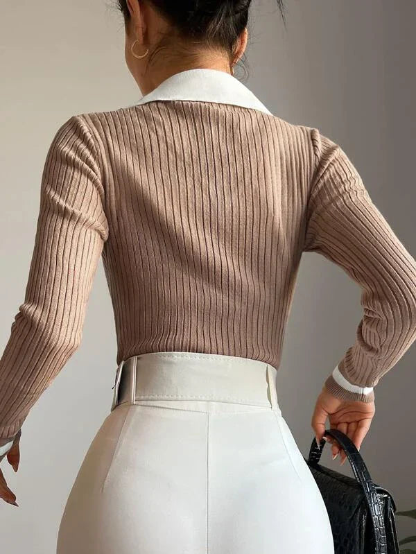 Pull Côtelé Avec Col Contrastant Pour Femmes | Idéal Pour Usage Quotidien
