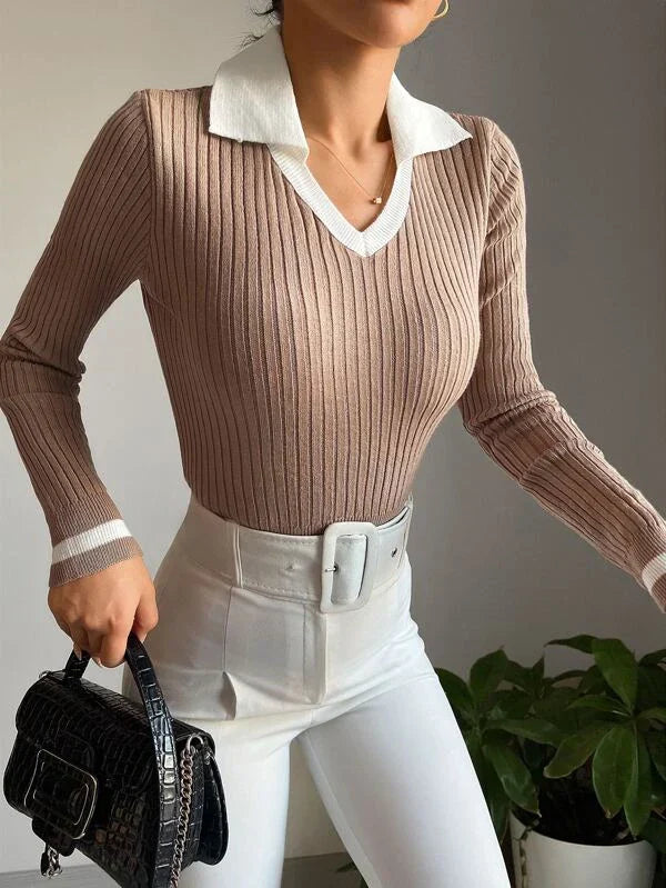 Pull Côtelé Avec Col Contrastant Pour Femmes | Idéal Pour Usage Quotidien