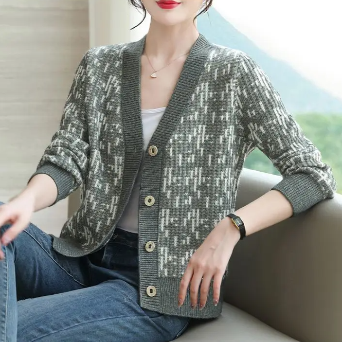 Cardigan col V motif bicolore pour femmes