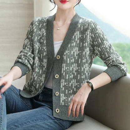 Cardigan col V motif bicolore pour femmes