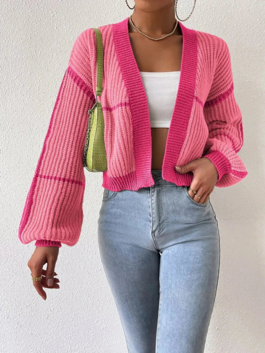 Cardigan court à bandes contrastées et manches longues pour femme | Idéal pour l’automne et les occasions décontractées