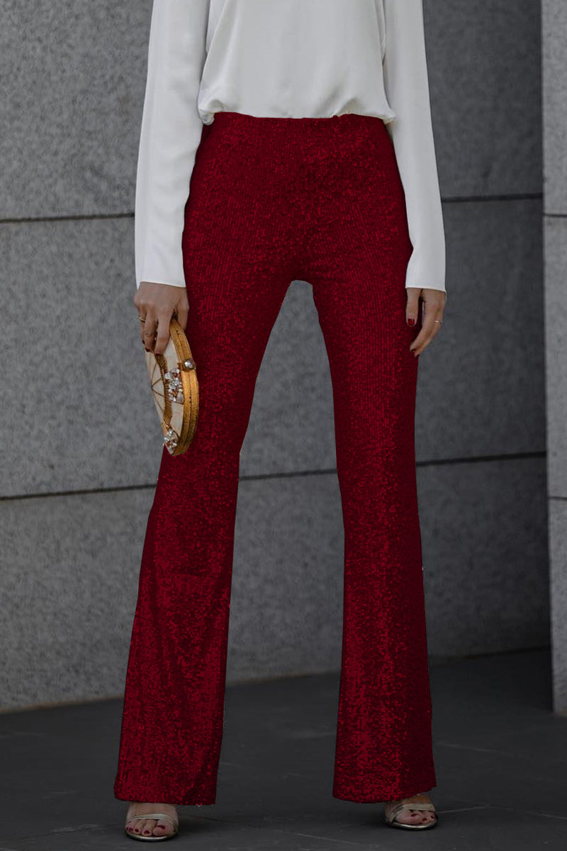 Pantalon Taille Haute Évasé à Finition Brillante pour Femme | Idéal pour les Événements et les Soirées