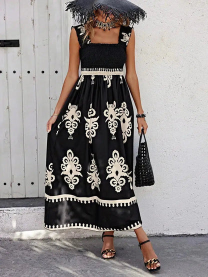 Robe Midi À Bretelles Larges Avec Jupe Évasée Pour Femme | Idéal Pour Vacances Et Sorties