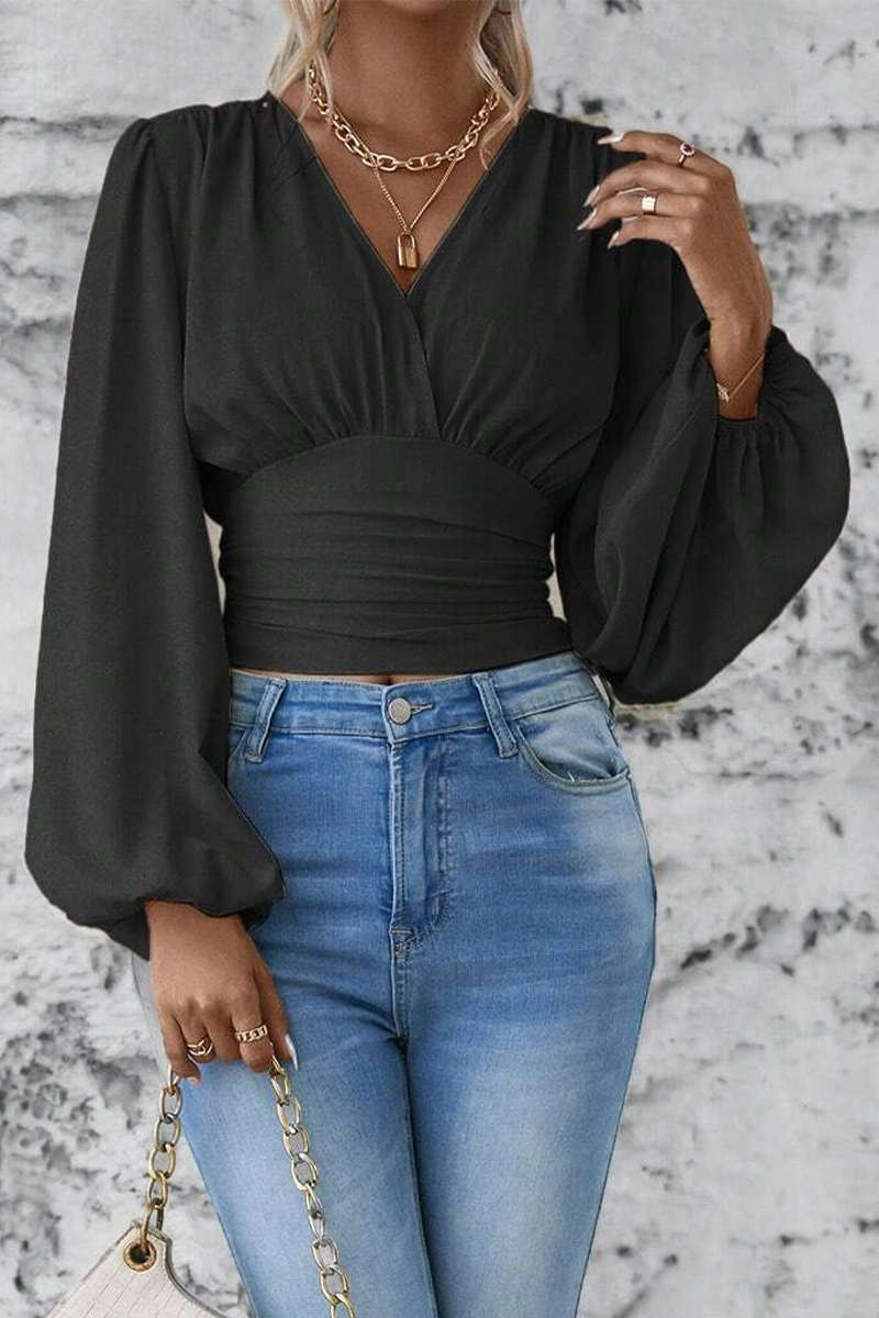 Blouse à Col en V avec Détail Froncé et Manches Ballon pour Femme | Idéale pour Bureau et Sorties
