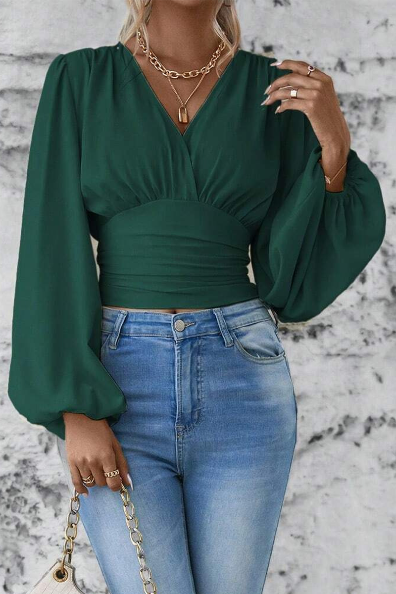 Blouse à Col en V avec Détail Froncé et Manches Ballon pour Femme | Idéale pour Bureau et Sorties