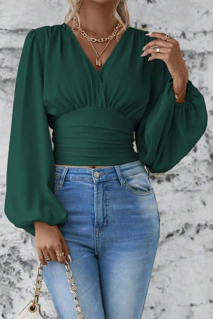 Blouse à Col en V avec Détail Froncé et Manches Ballon pour Femme | Idéale pour Bureau et Sorties