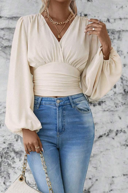 Blouse à Col en V avec Détail Froncé et Manches Ballon pour Femme | Idéale pour Bureau et Sorties