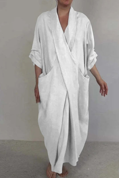 Robe Longue unie avec col en V et Poches pour Femme | Idéale pour un Usage Quotidien