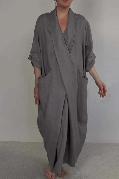 Robe Longue unie avec col en V et Poches pour Femme | Idéale pour un Usage Quotidien