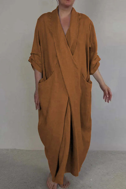 Robe Longue unie avec col en V et Poches pour Femme | Idéale pour un Usage Quotidien
