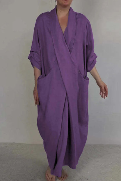 Robe Longue unie avec col en V et Poches pour Femme | Idéale pour un Usage Quotidien