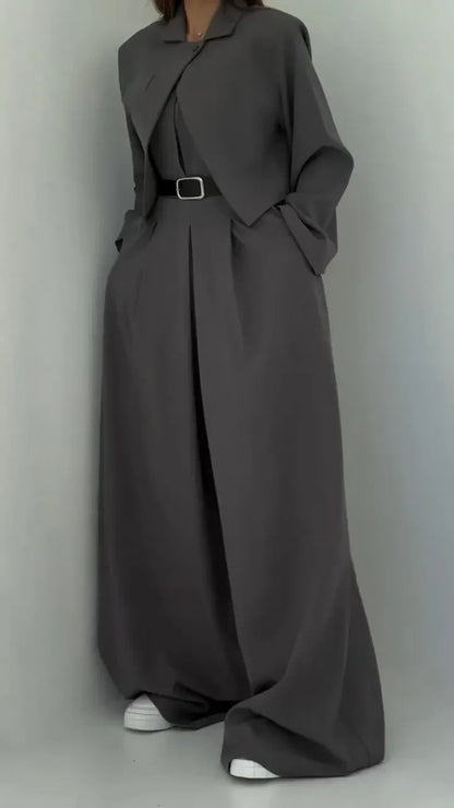 Ensemble Deux Pièces Avec Blazer Court Et Pantalon À Jambe Large Pour Femmes | Idéal Pour Bureau Et Sorties