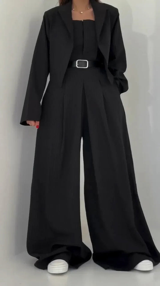Ensemble Deux Pièces Avec Blazer Court Et Pantalon À Jambe Large Pour Femmes | Idéal Pour Bureau Et Sorties