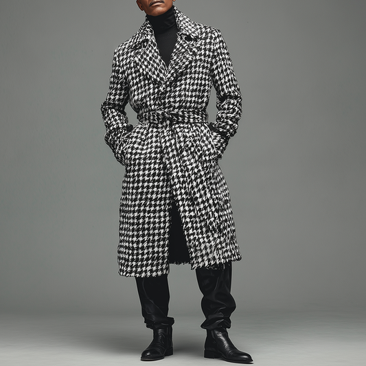 Manteau Long À Motif Pied-De-Poule pour Homme | Idéal pour La Saison Froide