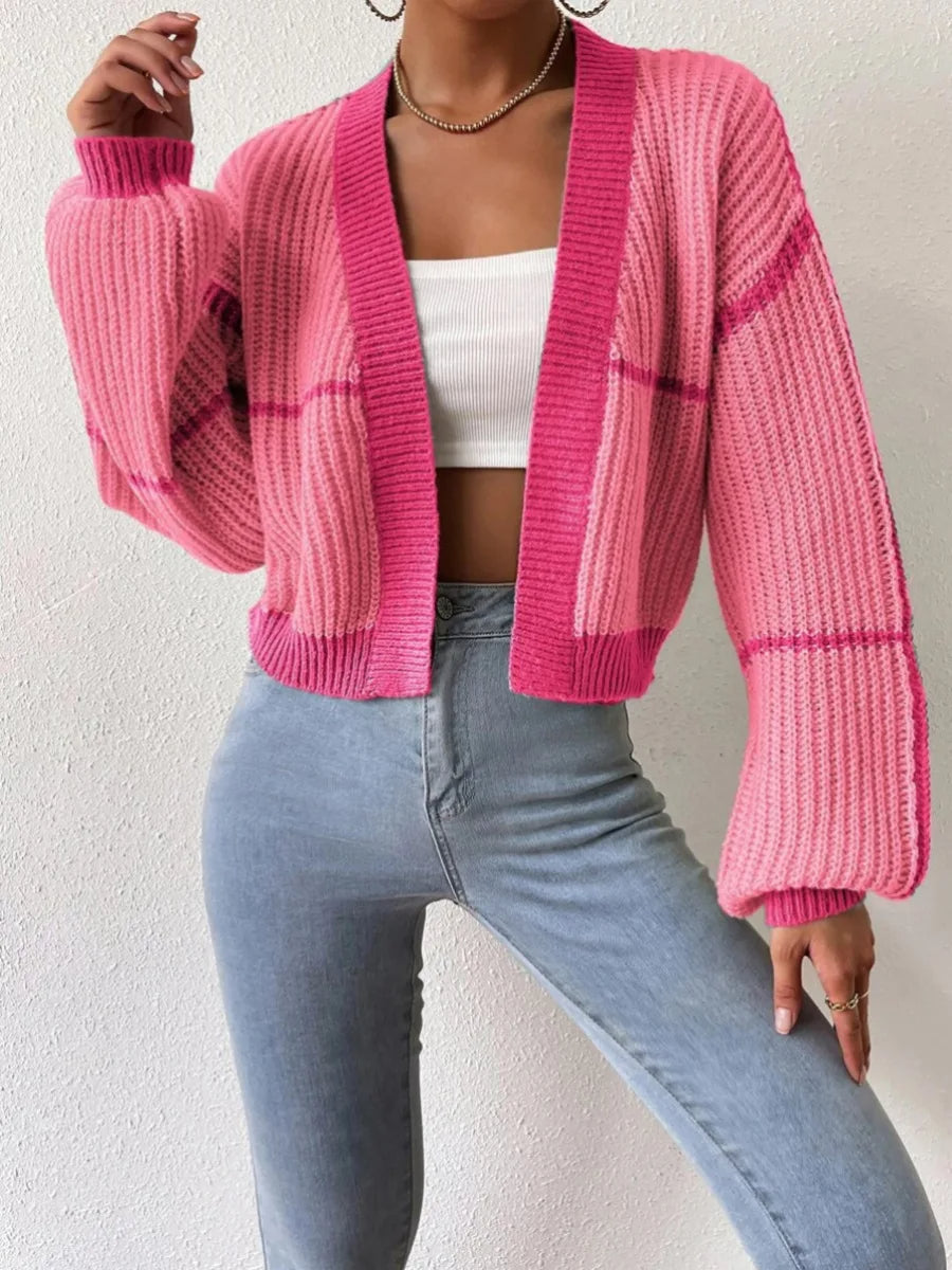 Cardigan court à bandes contrastées et manches longues pour femme | Idéal pour l’automne et les occasions décontractées