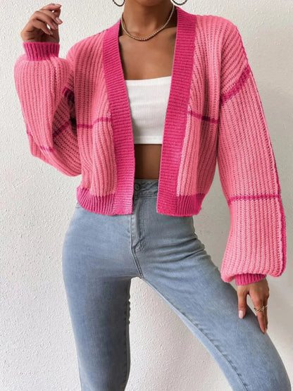 Cardigan court à bandes contrastées et manches longues pour femme | Idéal pour l’automne et les occasions décontractées