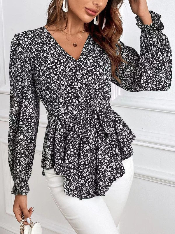 Blouse À Imprimé Fleuri Avec Col En V Et Manches Longues Pour Femme | Idéale Pour Les Tenues Quotidiennes Et Les Occasions
