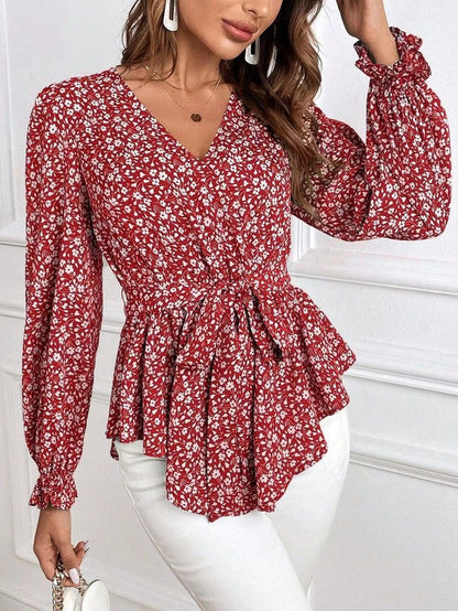Blouse À Imprimé Fleuri Avec Col En V Et Manches Longues Pour Femme | Idéale Pour Les Tenues Quotidiennes Et Les Occasions