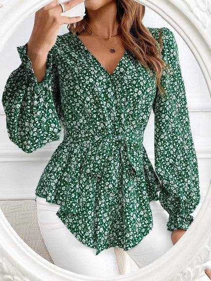 Blouse Fleurie à Col en V avec Manches Longues pour Femme | Idéale pour Usage Quotidien et Occasions