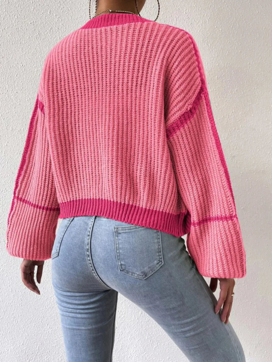 Cardigan court à bandes contrastées et manches longues pour femme | Idéal pour l’automne et les occasions décontractées
