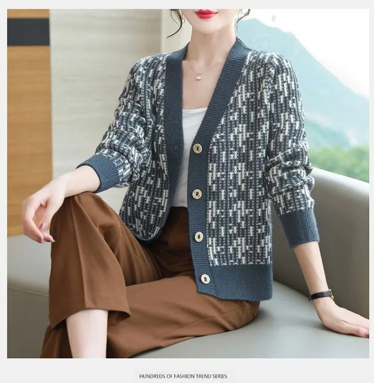 Cardigan col V motif bicolore pour femmes