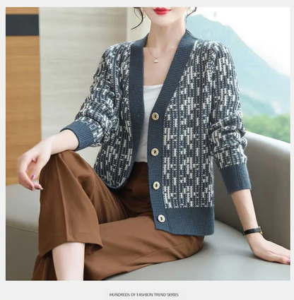 Cardigan col V motif bicolore pour femmes